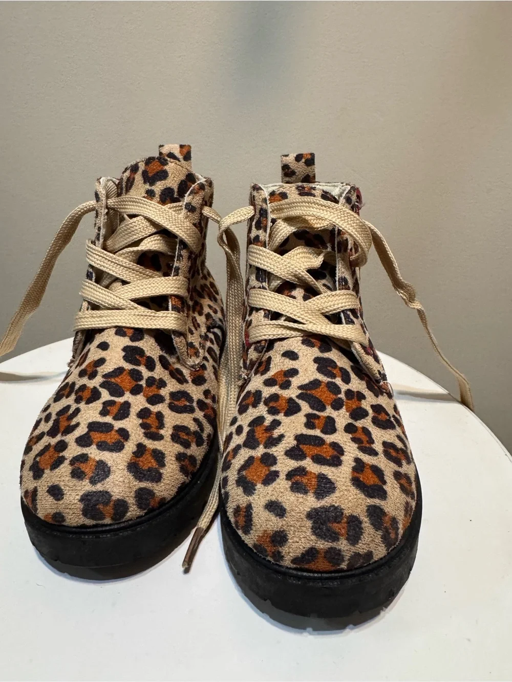 Leopard Print Women's Lace-Up Ankle Boots - Beige